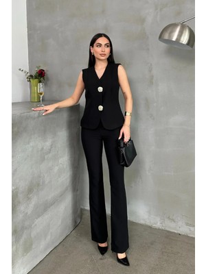 Zf Butik Kadın Düğme Detaylı Yelek Pantolon Takım Siyah