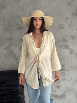 Zf Butik Kadın Keten Kimono Gömlek Taş Uzun Kollu