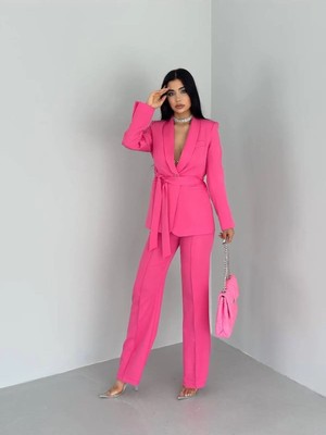 Zf Butik Kadın Blazer Ceket Pantolon Takım Elbise Pembe Şal Yaka Boru Paça