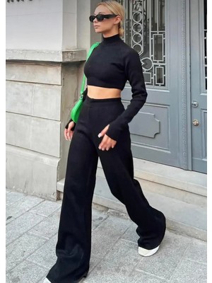 Zf Butik Kadın Siyah Crop Pantolon Takım Italy Kesim Tam Reglan