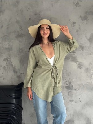 Zf Butik Kadın Haki Keten Kimono Gömlek Bisiklet Yaka Regular Kesim
