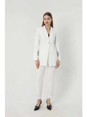 Zf Butik Kadın Taş Detaylı Boru Paça Blazer Ceket Pantolon Takım Beyaz