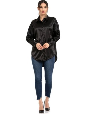 Zf Butik Kadın Saten Salaş Kesim Gömlek Siyah