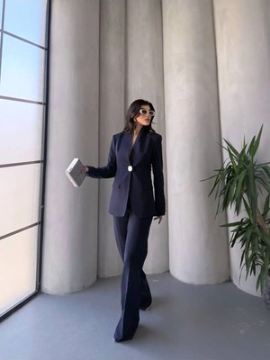Zf Butik Kadın Koyu Lacivert Tek Düğmeli Blazer Ceket Pantolon Takım