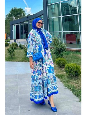 Zf Butik Mavi Baskılı Uzun Tesettür Elbise Bisiklet Yaka