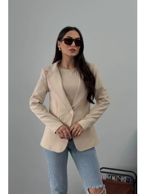 Zf Butik Kadın Blazer Ceket Kısa Kesim Astarlı Bej