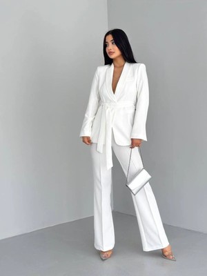 Zf Butik Kadın Beyaz Ikili Kuşaklı Blazer Ceket Pantolon Takım