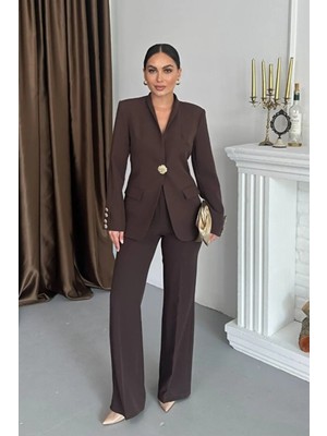 Zf Butik Kadın Blazer Ceket Takım Kahverengi Gold Düğmeli