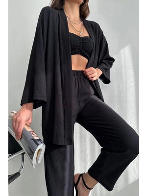 Zf Butik Siyah Gofre Kimono Bürümcük Kumaş Alt-Üst Takım