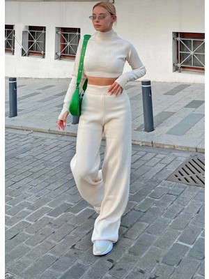 Zf Butik Kadın Ekru Crop Pantolon Takım Boru Paça Triko Set