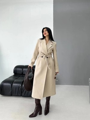 Zf Butik Kadın Krem Kaşe Kaban Ithal Kumaş