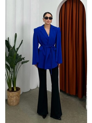 Zf Butik Kadın Oversize Blazer Ceket Saks Mavisi Kuşaklı Omuz Detaylı