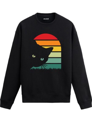 Colermi Retro Kedi Baskılı Sweatshirt —