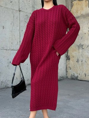 Zf Butik Kadın Bordo Saç Örgüsü Detaylı Oversize Triko Elbise
