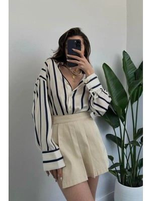 Zf Butik Kadın Çizgili Saten Gömlek Ekru Regular Kesim