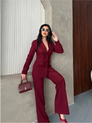 Zf Butik Kadın 4 Düğmeli Ceket Pantolon Takım Bordo