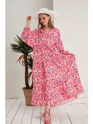Zf Butik Pembe Oversize Hakim Yaka Düğmeli Desen Elbise