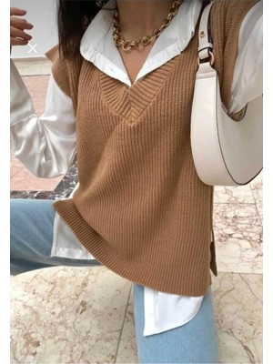 Zf Butik Kadın V Yaka Süveter Triko Kazak Camel