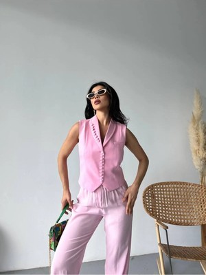 Zf Butik Kadın Düğme Detaylı Blazer Yelek Ceket Pembe
