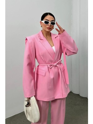 Zf Butik Kadın Oversize Blazer Ceket Pembe Kuşaklı Omuz Detaylı