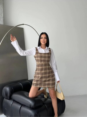 Zf Butik Kadın Ekose Jile Bej Askı Detaylı Mini Elbise