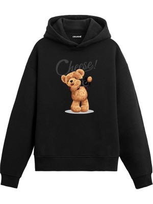Colermi Fotoğrafçı Ayıcık Baskılı Hoodie — Siyah / S