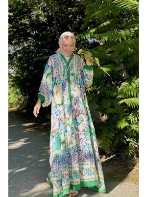 Zf Butik Katleya Desen Elbise - Yeşil