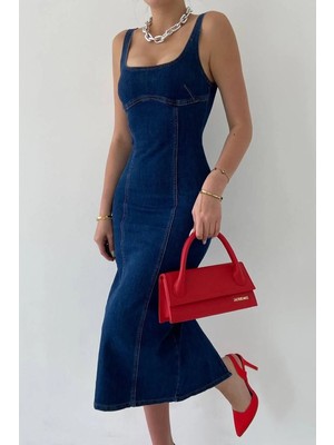Zf Butik Kadın Koyu Mavi Denim Askılı Midi Elbise Dar Kesim Yırtmaçlı