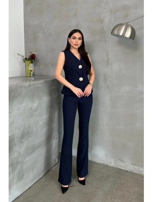 Zf Butik Kadın Düğme Detaylı Yelek ve Pantolon Takım Lacivert