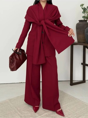 Zf Butik Kadın Pelerin Detaylı Takım Bordo