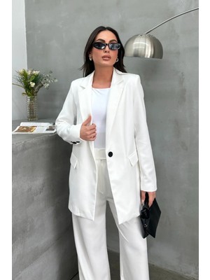 Zf Butik Kadın Blazer Ceket Beyaz Rahat Kalıp Tek Düğmeli Astarlı