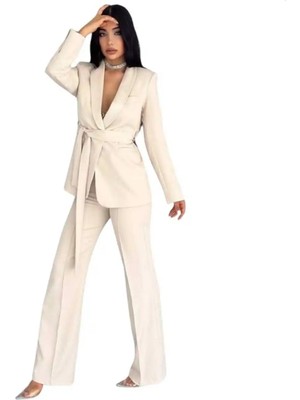 Zf Butik Kadın Bej Takım Elbise Kemerli Şal Yaka Blazer Ceket Pantolon