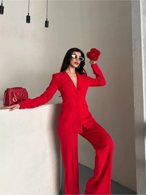 Zf Butik Kadın 4 Düğmeli Ceket Pantolon Takım Kırmızı