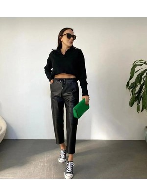 Zf Butik Kadın Çift Cep Deri Siyah Pantalon