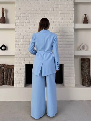 Zf Butik Kadın Blazer Ceket Pantolon Takım Kuşaklı Ikili Bebekmavisi