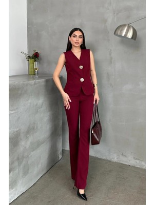 Zf Butik Kadın Bordo Düğme Detaylı Yelek Pantolon Ikili Takım