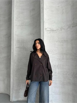 Zf Butik Kadın Omuz Manşetli Crop Trençkot Kahverengi Kısa Kesim