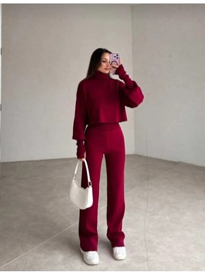 Zf Butik Kadın Parmak Geçmeli Yüksek Bel Triko Takım Bordo