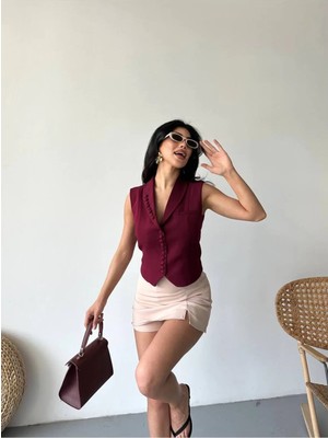 Zf Butik Kadın Blazer Yelek Ceket Bordo Düğme Detaylı