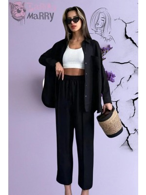 Zf Butik Kadın Ikili Takım Siyah Keten Gömlek Pantolon Oversize