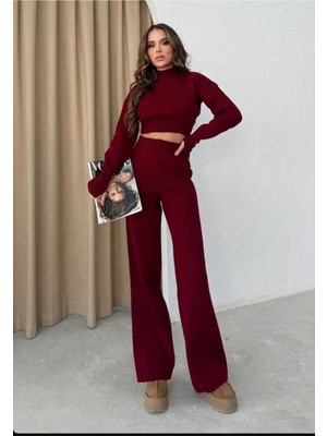 Zf Butik Kadın Triko Takım Bordo Parmak Geçirmeli Örgü Desen
