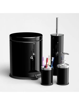 UltraMint Şık 4'lü Banyo Seti, 3 Lt Metal Çöp Kovası, Modern Tasarım, Siyah