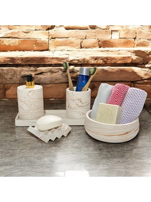 UltraMint Modern Mermer Desenli 5 Parça Beton Banyo Aksesuar Seti