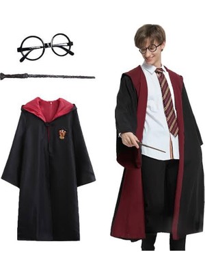 Skygo Harry Potter Gryffindor Kapişonlu Çocuk Kostüm + Asa + Gözlük Seti 11-12 Yaş