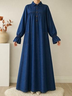 Oktayusta Collection Robalı Gömlek Yaka Geniş Cepli Yarım Pat Düğmeli Mevlana Kot Elbise