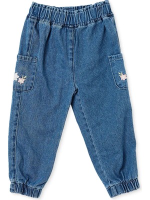 Hellobaby Kız Bebek Denim Pantolon Çiçek Baskılı Lastikli