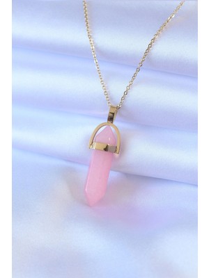 Nevamel® 316L Çelik Gold Renk Kristal Pembe Taş Model Kadın Kolye 5886