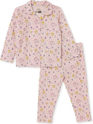 Hellobaby Kız Bebek Pijama Takımı Kalp Baskılı Düğmeli Gömlek Yaka Uzun Kol Reçme