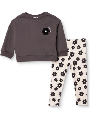 Hellobaby Kız Bebek Sweatshirt-Tayt Çiçek Baskılı Bisiklet Yaka Long Sleeve Reçme