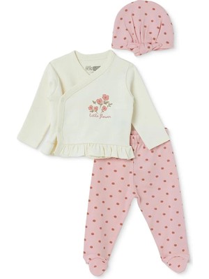 Hellobaby Kız Bebek Zıbın-Şapka-Alt Kalp Baskılı Çıtçıtlı V Yaka Uzun Kol Patikli